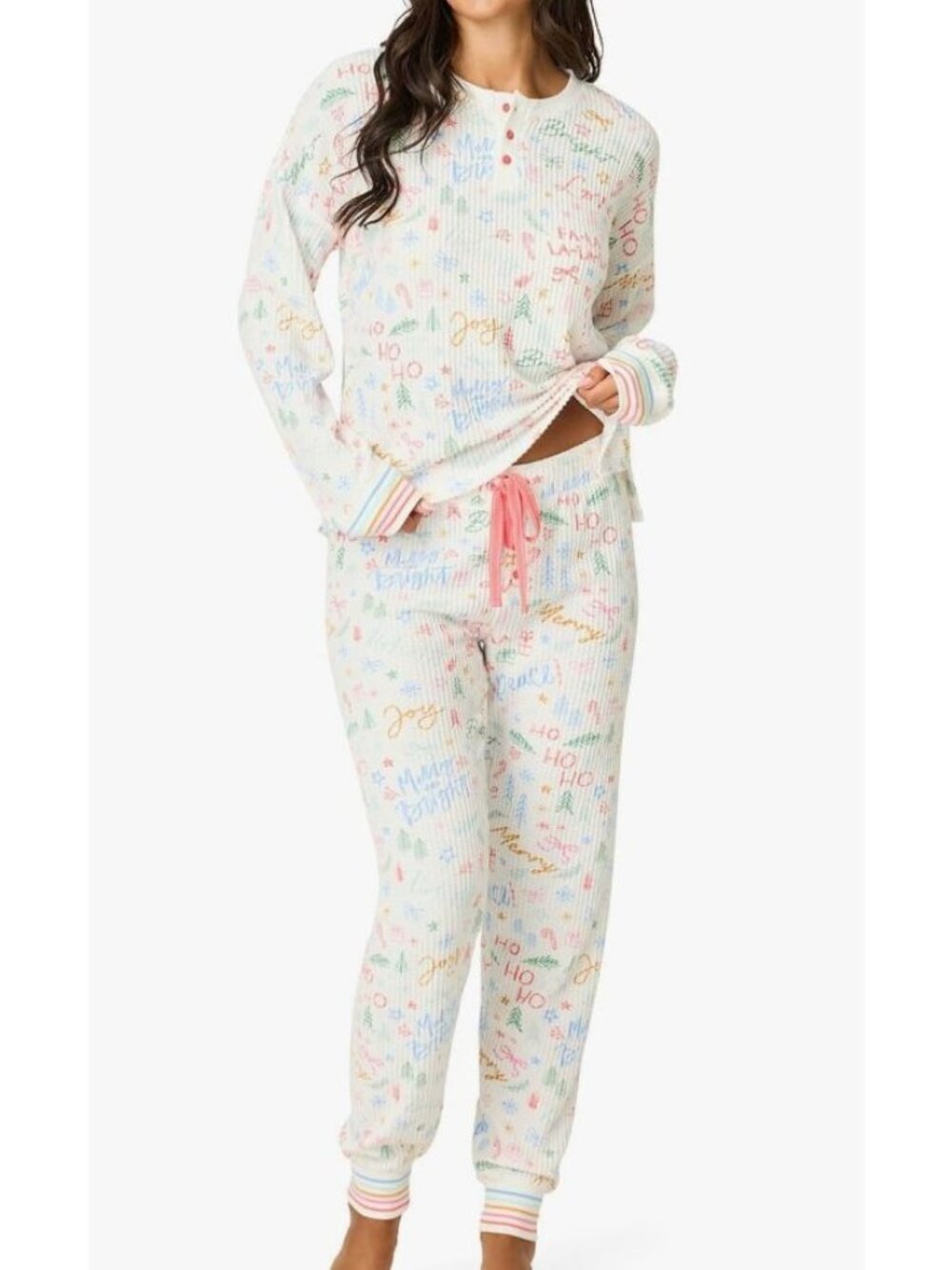 New PJ Salvage Women's Size M White and Christmas patterned Waffle Thermal PJ
